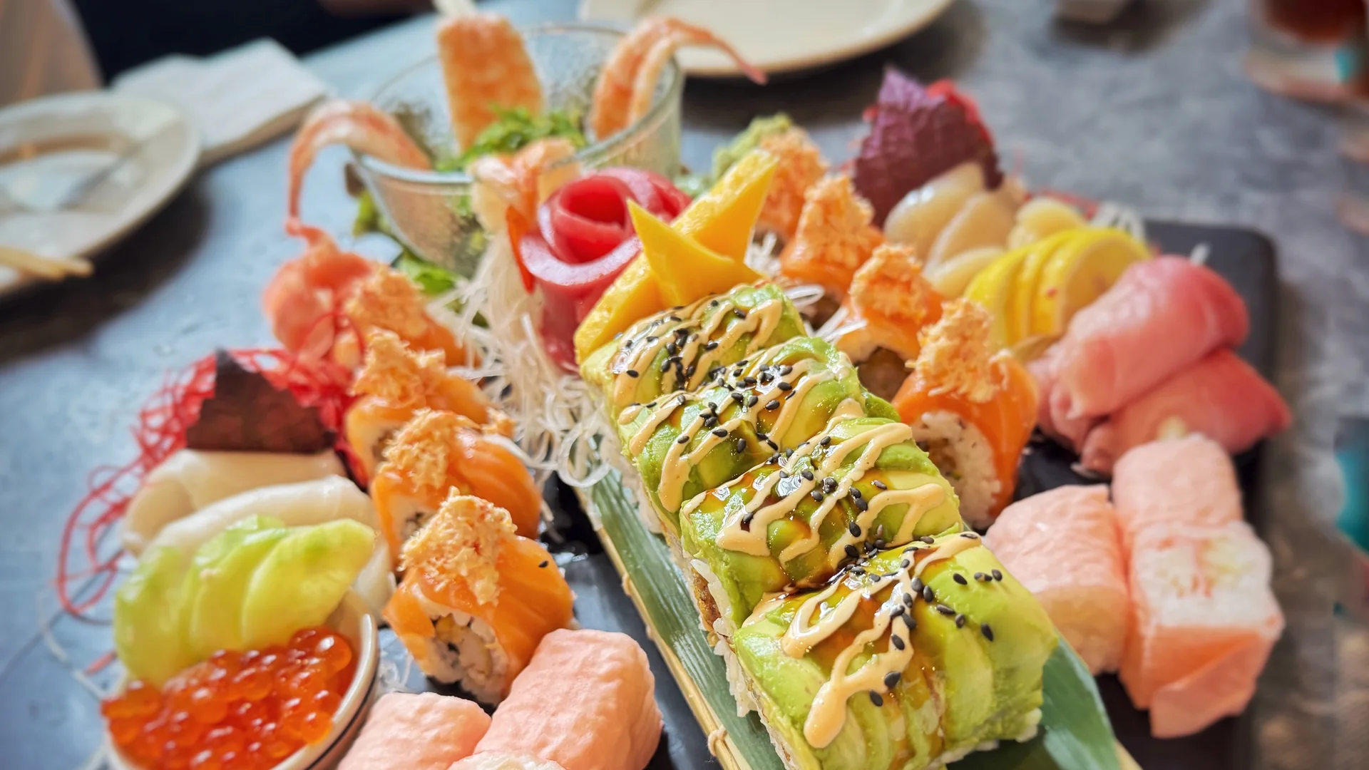 Colorful sushi and sashimi platter prepared at Akashi